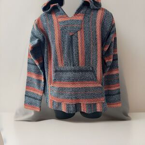 Senor Lopez Baja Hoodie Mens Medium Orange Gray Striped Mexican Blanket Pullover